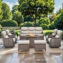 Gymojoy Patio Furniture Sets with Fire Pit Table, 8 Pieces Outdoor Patio Sofa Set with Fire Pit Table, Wicker Rattan Outdoor Conversation Set with Ottoman for Poolside, Backyard