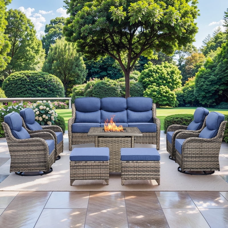 Gymojoy Patio Furniture Sets with Fire Pit Table, 8 Pieces Outdoor Patio Sofa Set with Fire Pit Table, Wicker Rattan Outdoor Conversation Set with Ottoman for Poolside, Backyard