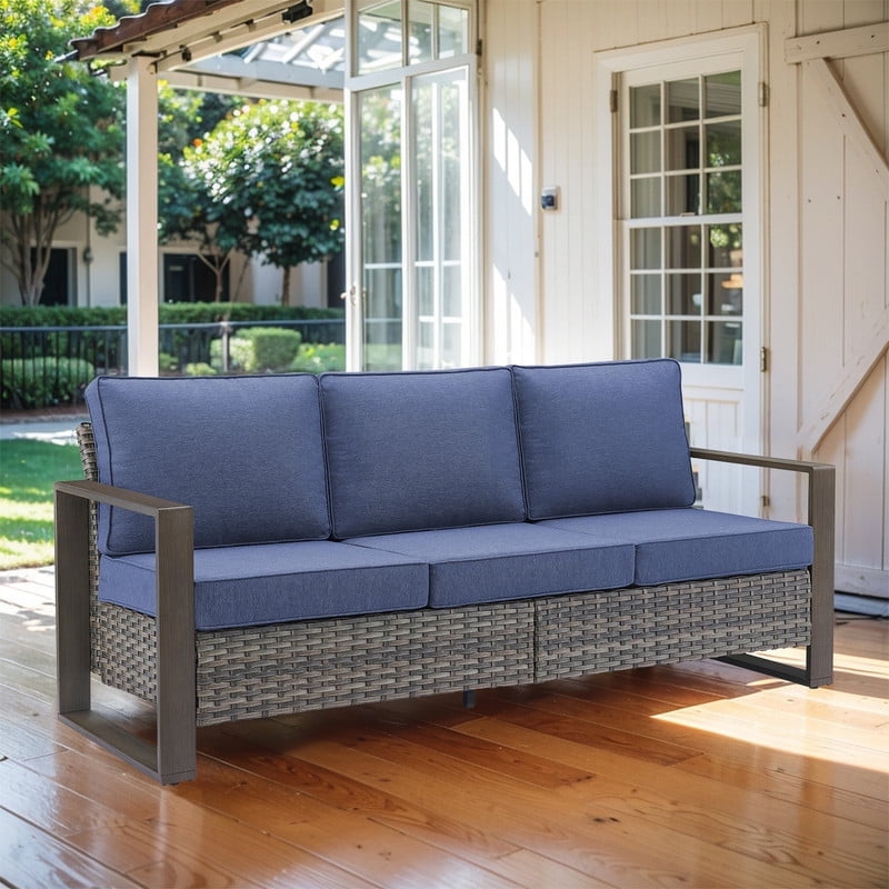 Gray Wicker and Steel Outdoor Sectional Sofa with Blue Cushions