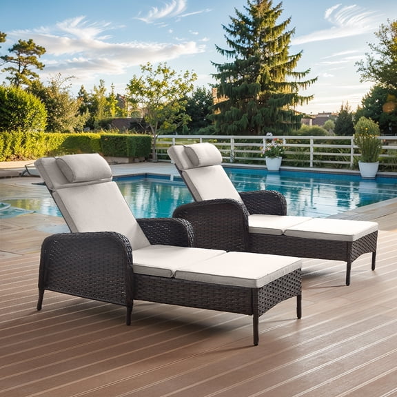 Gymojoy Patio Rattan Lounge Chair Set of 2,Adjustable 5 Position Backrest Patio Chairse,Outdooe Recliners for ackyard Porch Deck (Beige)
