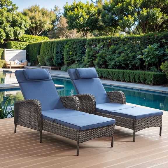 Gymojoy Patio Rattan Lounge Chair Set of 2,Adjustable 5 Position Backrest Patio Chairse,Outdooe Recliners for ackyard Porch Deck (Blue)