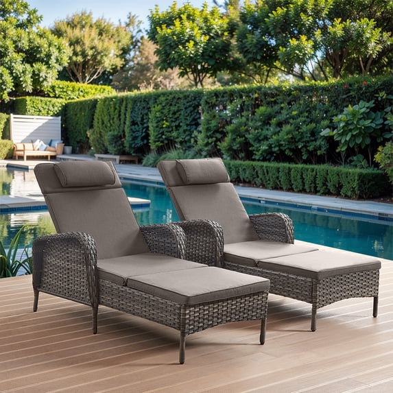 Gymojoy Patio Rattan Lounge Chair Set of 2,Adjustable 5 Position Backrest Patio Chairse,Outdooe Recliners for ackyard Porch Deck (Gray)