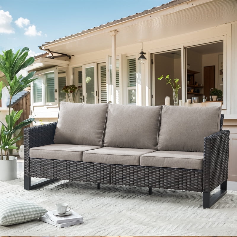Gymojoy Patio Sofa, All Weather Outdoor Rattan Wicker 3-Seat Sofa High Back Couch with Premium Cushions for Garden Backyard Porch