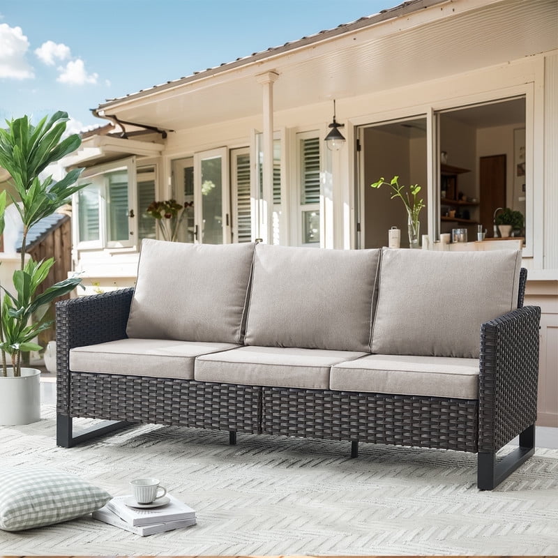 Gymojoy Patio Sofa, All Weather Outdoor Rattan Wicker 3-Seat Sofa High Back Couch with Premium Cushions for Garden Backyard Porch