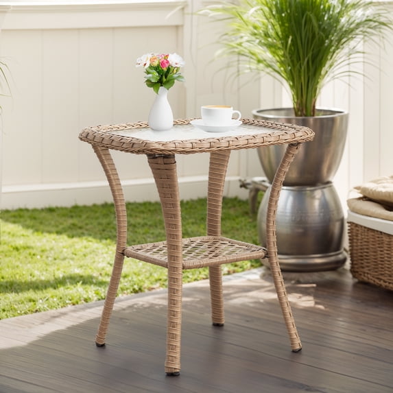 Gymojoy Patio Wicker Rattan Side Table Outdoor Square Tempered Glass Top End Table with Storage, Yellow