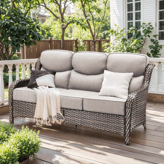 Gymojoy All Weather Wicker Patio Couch, 3 Seats Patio Sofa with High Curvy Back, Premium Outdoor Sofa with Brown Wicker and 6-inch Thick Cushions, Beige