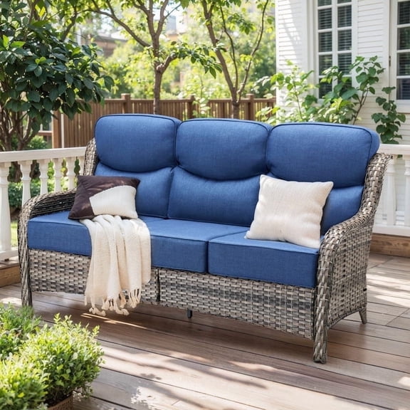 Gymojoy All Weather Wicker Patio Couch, 3 Seats Patio Sofa with High Curvy Back, Premium Outdoor Sofa with Brown Wicker and 6-inch Thick Cushions, Blue