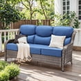 thumbnail image 1 of Gymojoy All Weather Wicker Patio Couch, 3 Seats Patio Sofa with High Curvy Back, Premium Outdoor Sofa with Brown Wicker and 6-inch Thick Cushions, Blue, 1 of 7