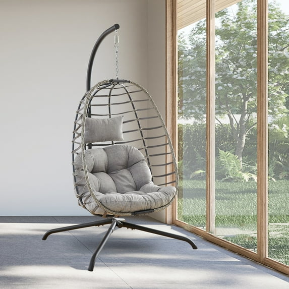 Gymojoy Wicker Outdoor Hanging Egg Swing Chair with Cushion Grey