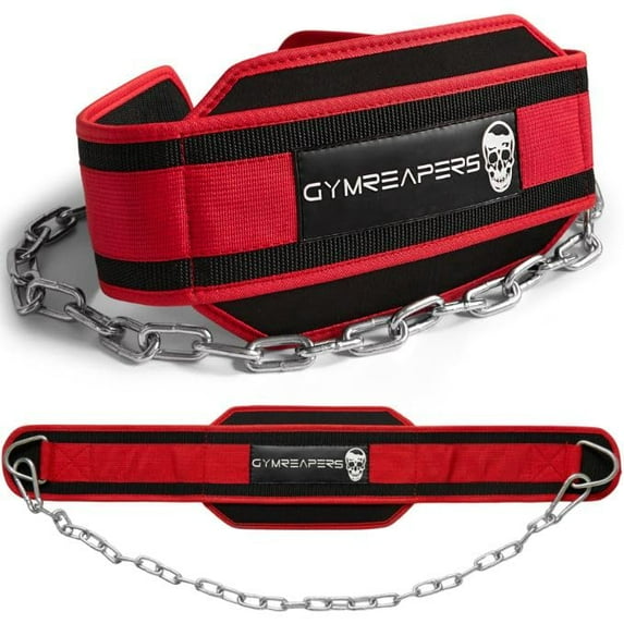 Gymreapers Dip Belt With Chain For Weightlifting, Pull Ups, Dips - Heavy Duty Steel Chain For Added Weight Training (Red)
