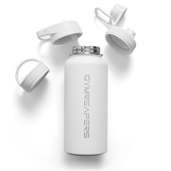 Gymreapers Insulated Water Bottle - Stainless Steel 32 Oz, 3 lids (Straw, Chug, Canteen), Double Walled Vacuum Insulation, Thermo Mug Cold Hot - Durable Powder Coated Finish