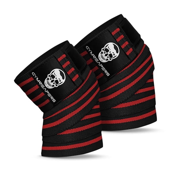 Gymreapers Knee Wraps (Pair) With Straps for Squats, Weightlifting, Powerlifting, Leg Press, and Cross Training - Flexible 72" Knee Wraps for Squatting - For Men & Women - 1 Year Warranty(Red)