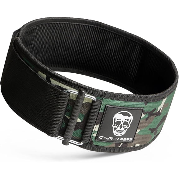 Gymreapers Quick Locking Weightlifting Belt for Bodybuilding, Powerlifting, Cross Training - 4 Inch Neoprene with Metal Buckle - Adjustable Olympic Lifting Back Support (Woodland Camo, Large)
