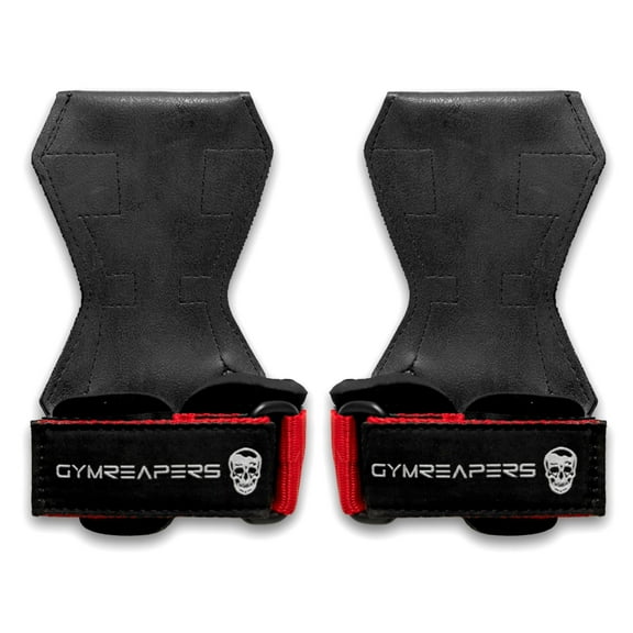 Gymreapers Weight Lifting Grips (Pair) for Heavy Powerlifting, Deadlifts, Rows, Pull Ups, with Neoprene Padded Wrist Wraps Support and Strong Rubber Gloves or Straps for Bodybuilding (Red, Large)