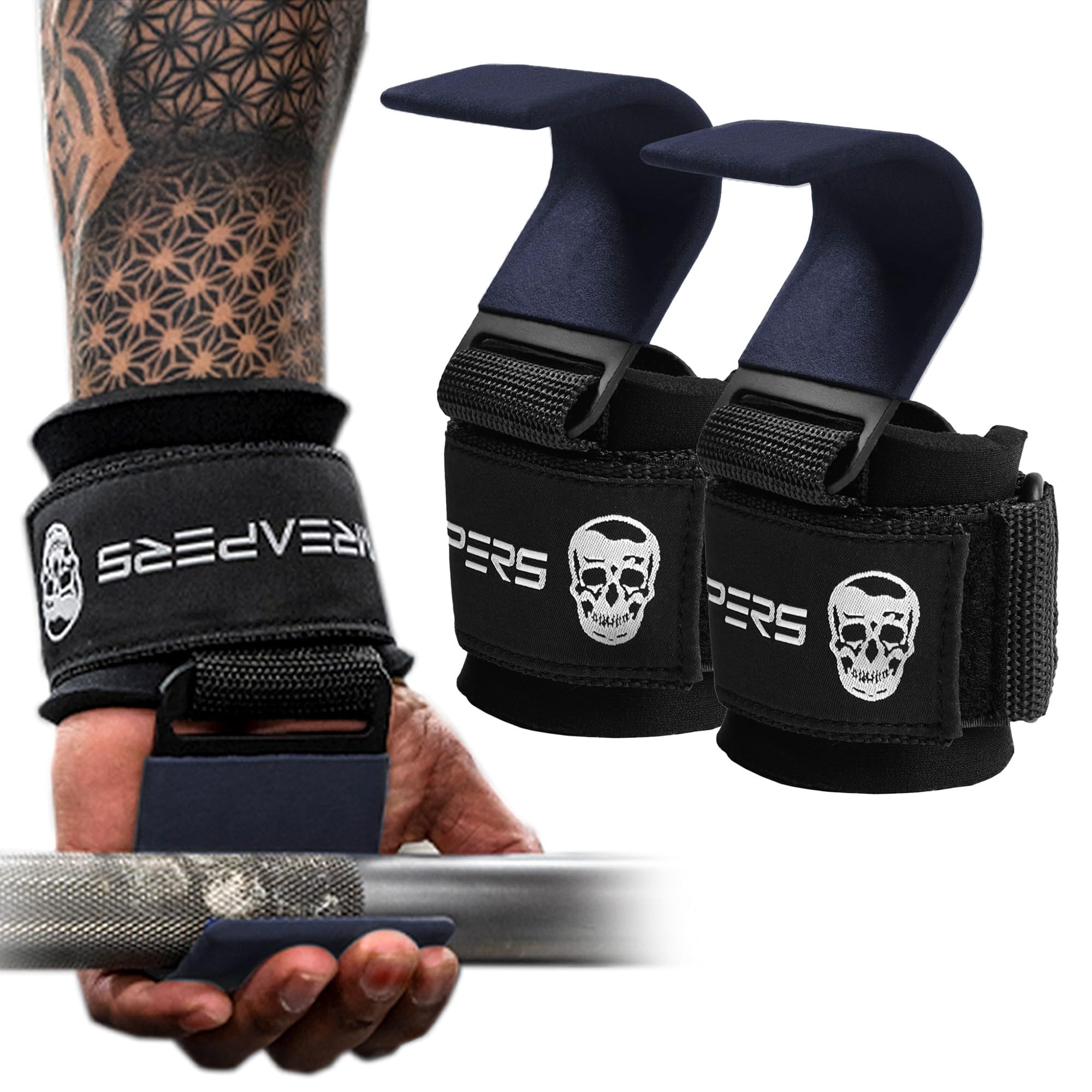Gymreapers Weight Lifting Hooks (Pair), Heavy Duty Power Wrist Straps Hand Grip Support For Deadlifts, Pull Ups, Shrugs - Gym Gloves For Men and Women (Navy)