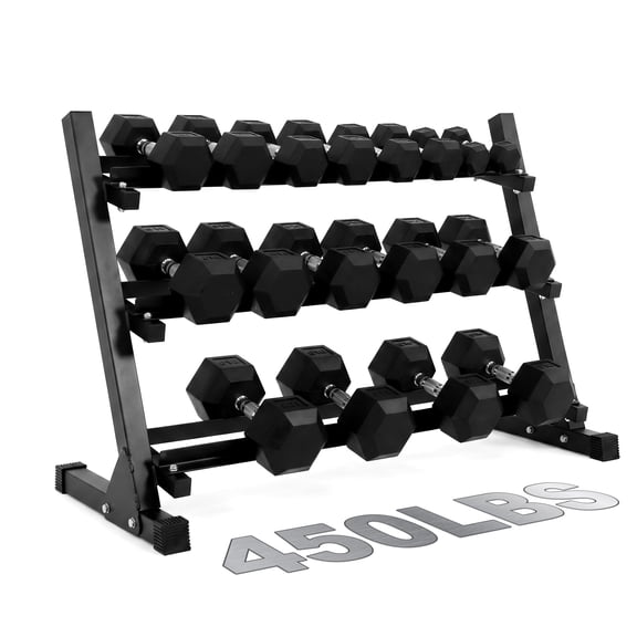 Gymusclo 350/450/550lbs Rubber Hex Dumbbell Set with 3-Tier Rack, Free Weights Dumbbells Set for Home Gym Strength Training