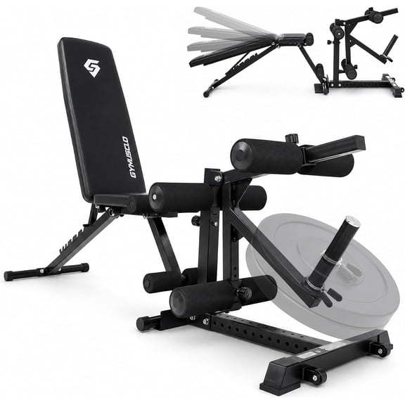 Gymusclo 4-in-1 Leg Extension and Curl Machine for Home Gym, Incline Decline Flat Workout Bench, Fits 1" & 2" Weight Plates, Full Body Home Gym Exercise Bench with Transport Wheels