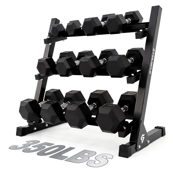 Gymusclo Rubber Hex Dumbbell Set with 3-Tier Rack, 350 lbs Commercial Steel Dumbbell Rack for Home Gym