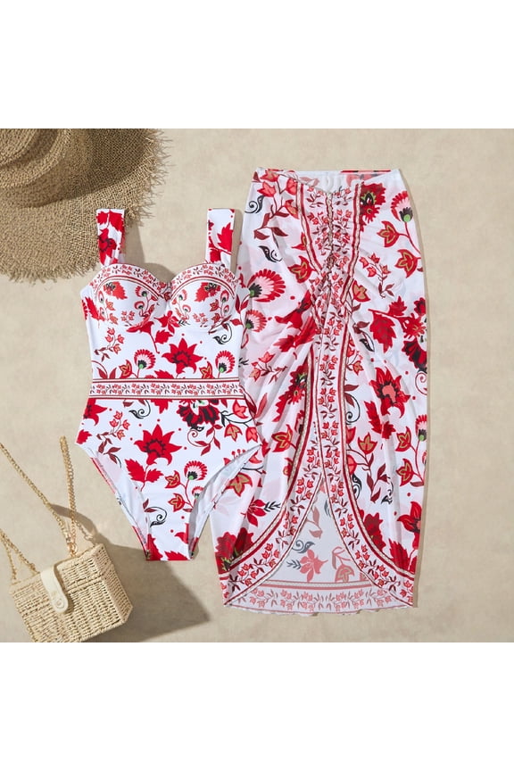 Bathing Suit for Women,One Piece Bathing Suits for Women,Print Swimsuit Set,Red