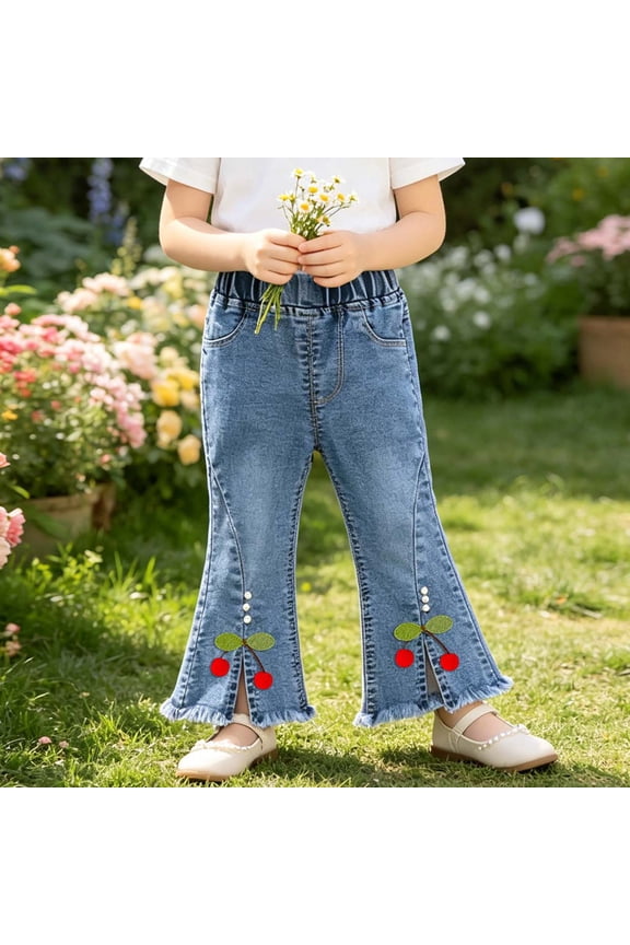 Girls 3D cherry Pants split hem pockets solid color flare Girls denim Jeans