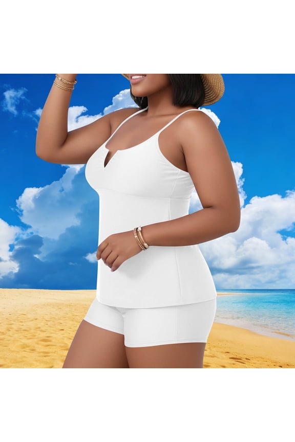 Plus Size Women's Two Piece Swimsuits with Built - in Bra Pads for Beach Leisure, Solid Color