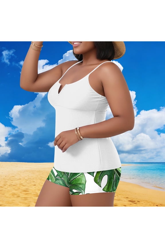 Plus Size Women's Two Piece Swimsuits with Built - in Bra Pads for Beach Leisure, Solid Color