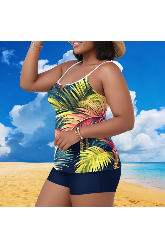 Plus Size Women's Two Piece Swimsuits with Built - in Bra Pads for Beach Leisure, Solid Color