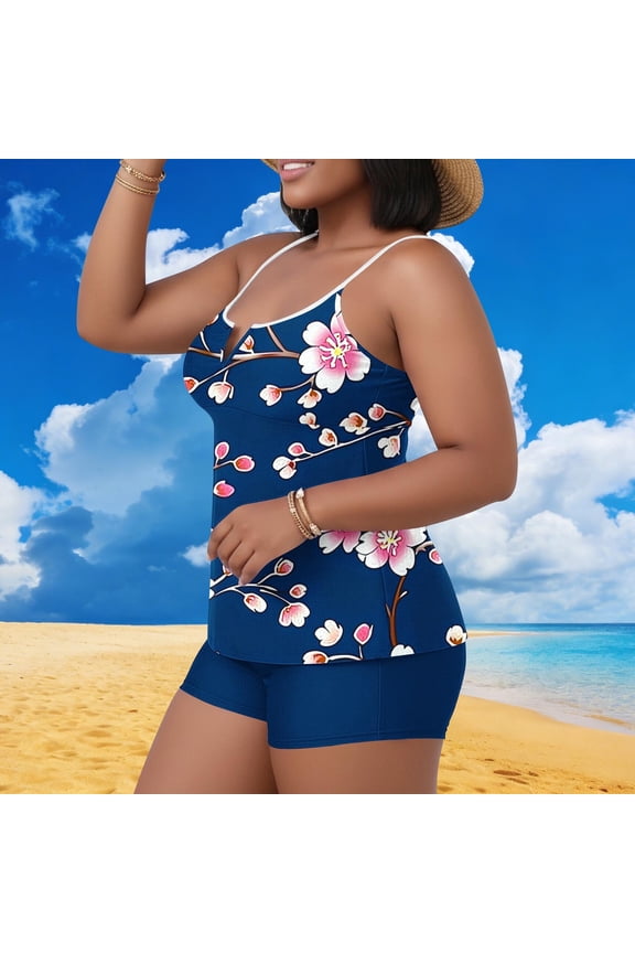 Plus Size Women's Two Piece Swimsuits with Built - in Bra Pads for Beach Leisure, Solid Color