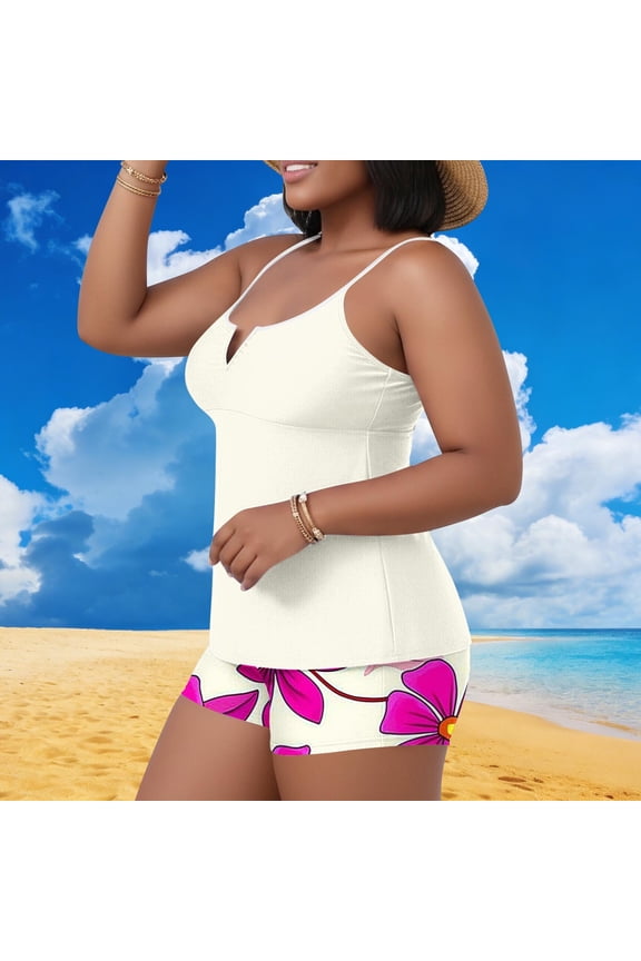 Plus Size Women's Two Piece Swimsuits with Built - in Bra Pads for Beach Leisure, Solid Color