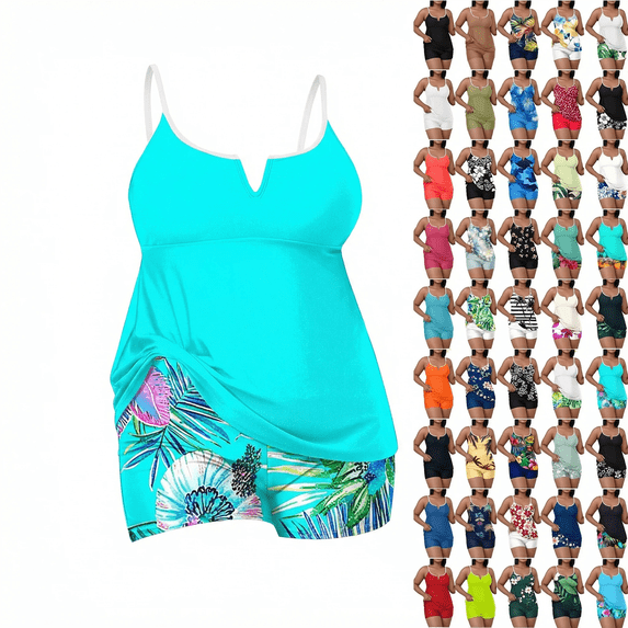 Gymvis Women's Floral Print Two-piece Swimsuit Set with Built-in Bra and No Underwire, Conservative, Plus Size, Tummy Control, Flat-leg Skirt Style for Swimming