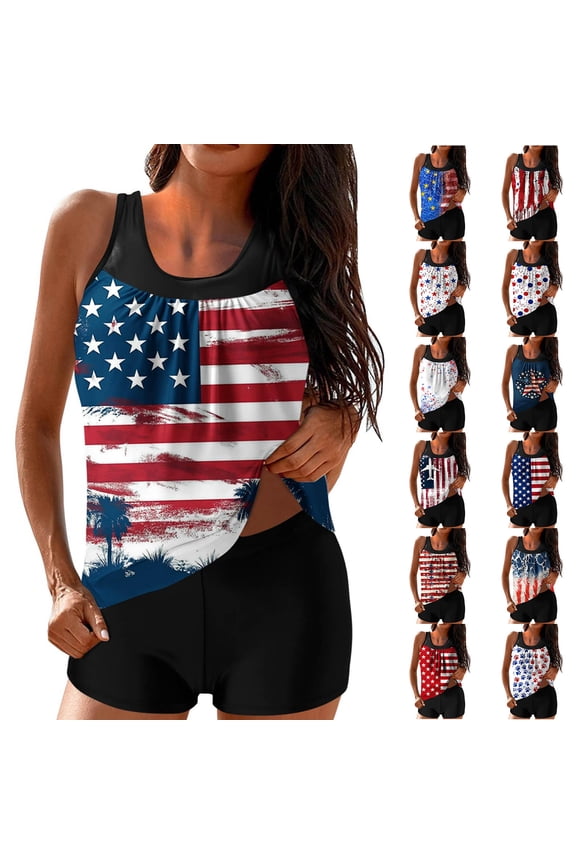 Womens Swimming Suits Independence Day Patriotic Fourth of July American Flag Tankini Two Piece Summer Swim Wear Tummy Control Bathing Suits for Women