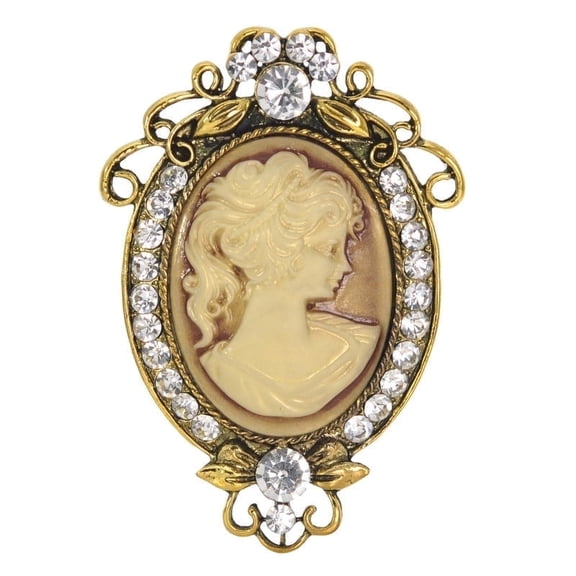 Gyn&Joy Antique Gold Tone Clear Rhinestones Cameo Woman Brooch Pin