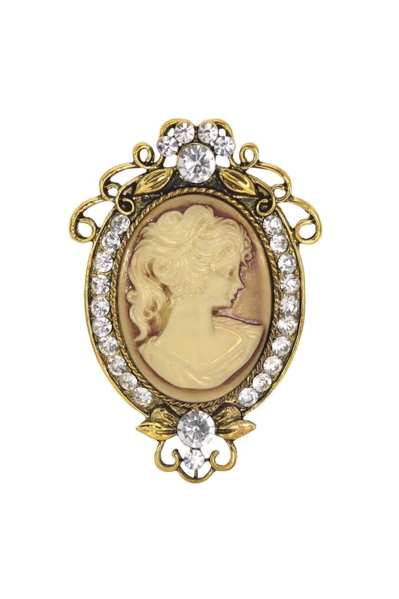 Antique Gold Tone Clear Rhinestones Cameo Woman Brooch Pin