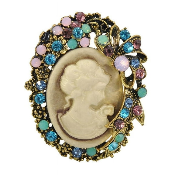 Gyn&Joy Flower Ribbon Pendant Cameo Multi Colored, Rhinestones Necklace Pendants, Antique Gold Tone