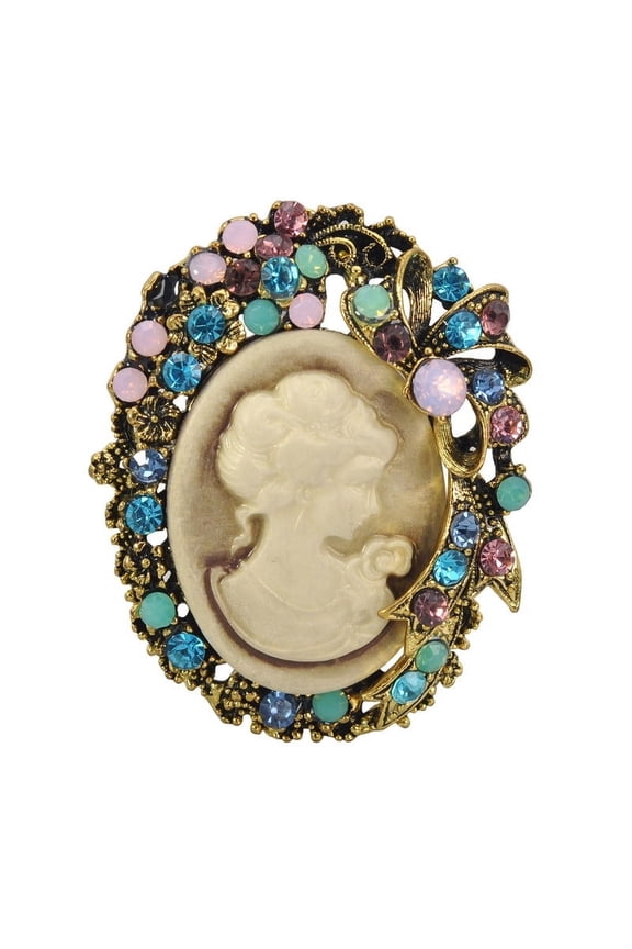 Flower Ribbon Pendant Cameo Multi Colored, Rhinestones Necklace Pendants, Antique Gold Tone
