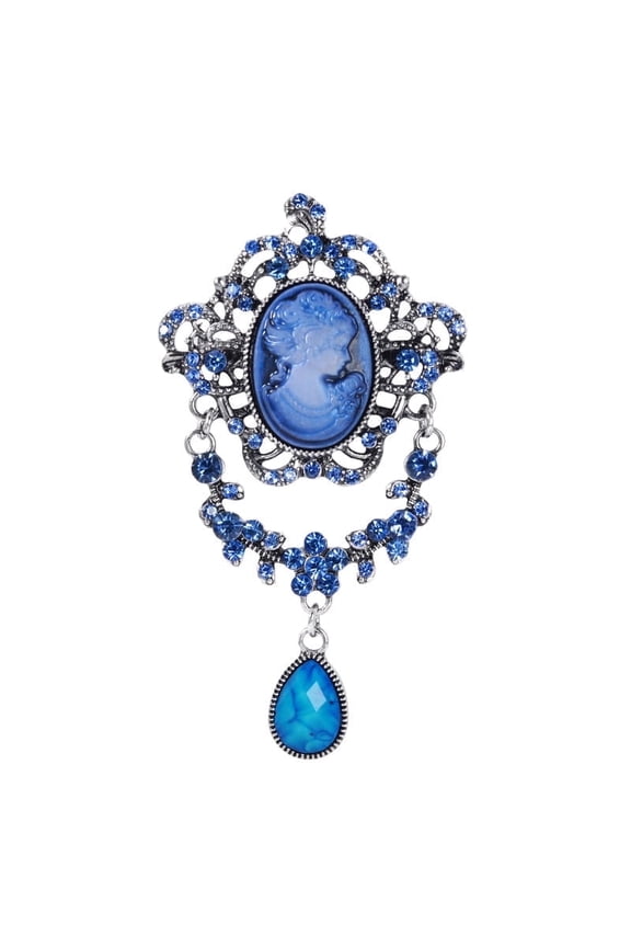 Antique Inspired Blue Rhinestones Cameo Lady Tear drop Brooch Pin