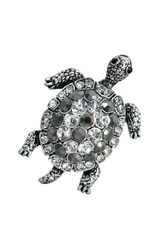 Antique Silver Tone Black And Clear Crystal Colored Rhinestones Sea Turtle Brooch Pin