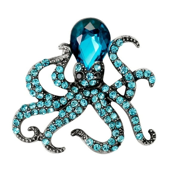 Antique Silver Tone Blue Green Colored Crystal Rhinestones Octopus Brooch Pin (Blue)