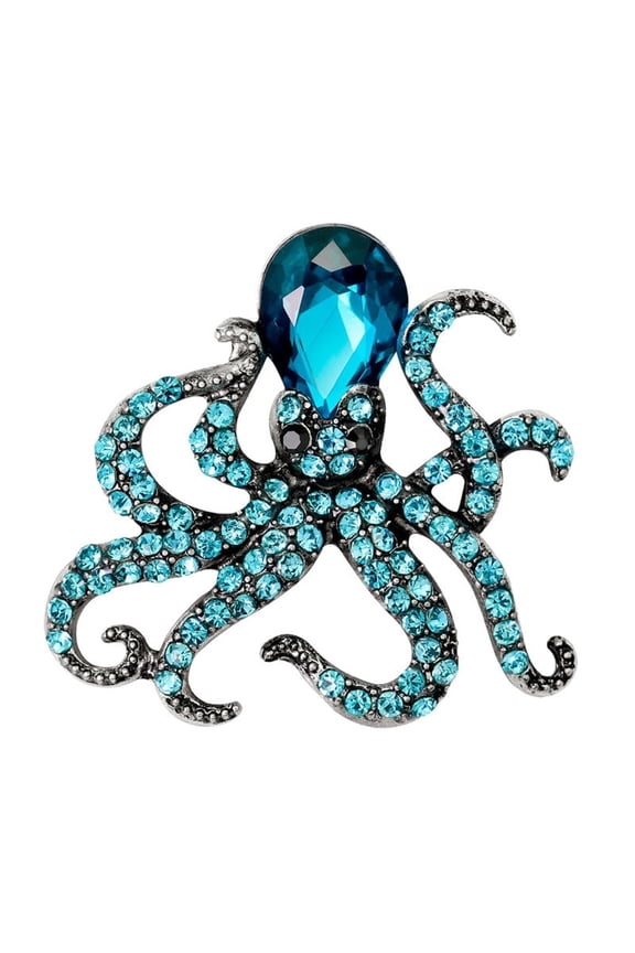 Antique Silver Tone Blue Green Colored Crystal Rhinestones Octopus Brooch Pin (Blue)