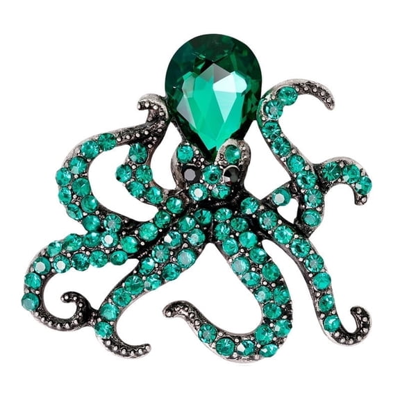 Antique Silver Tone Blue Green Colored Crystal Rhinestones Octopus Brooch Pin (Green)