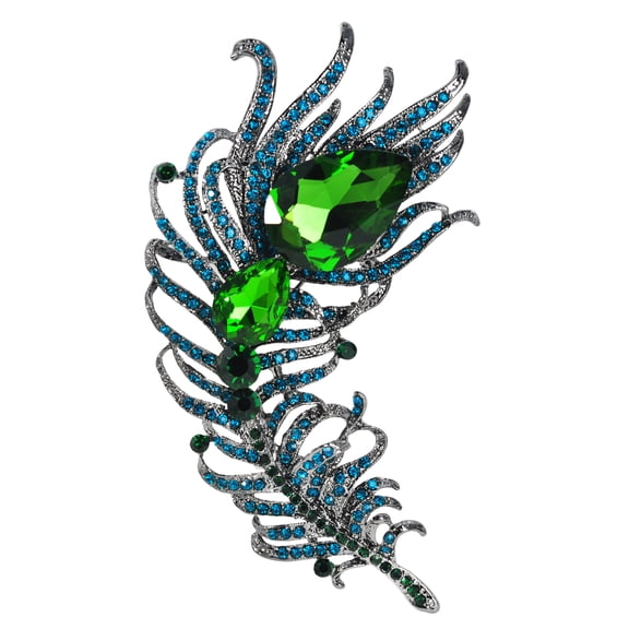 Gyn&Joy Blue Green Colored Crystal Rhinestone Peacock Bird Feather Pendant Broaches
