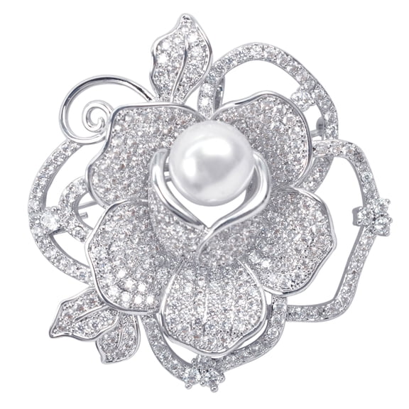 CZ White Faux Pearl Rose Flower Silver Plated Brooch Pin Fashion Jewelry