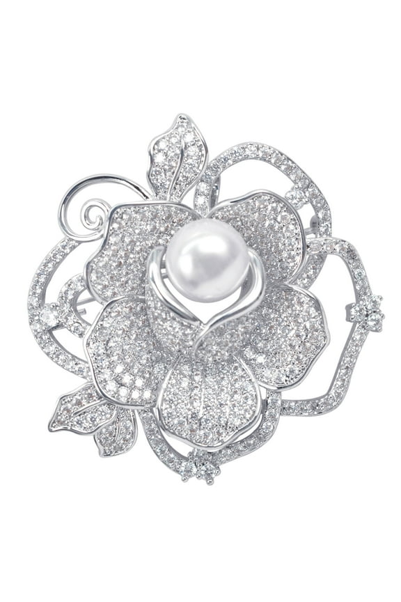 CZ White Faux Pearl Rose Flower Silver Plated Brooch Pin Fashion Jewelry