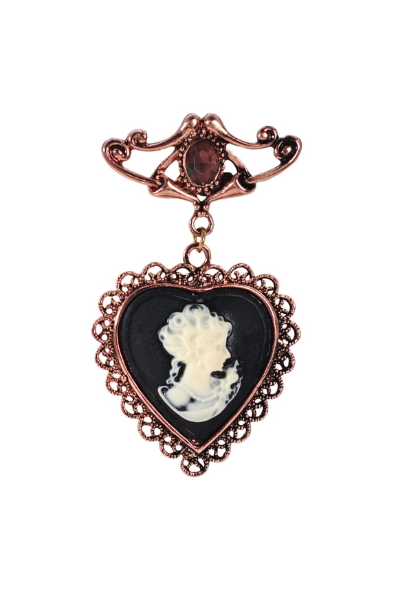Copper Tone Purple Crystal Stone Vintage Victorian Heart Cameo Lady Women Brooch Pin