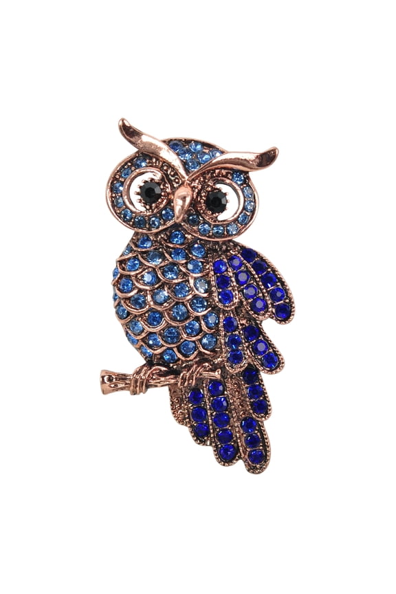 Copper Tone Sapphire Blue Colored Rhinestones Branch Owl Bird Brooch Pin