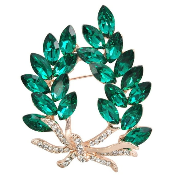 Emerald Colored Crystal Feather Leaf Brooches Pin