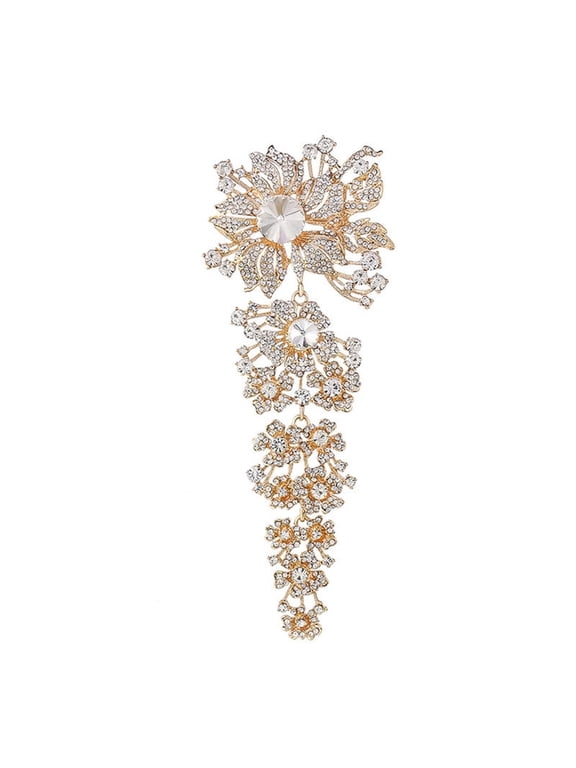 Gold Tone 7.59 Inch Crystal Rhinestones Floral Leaf Clusters Large Wedding Bouquet Pin Brooch