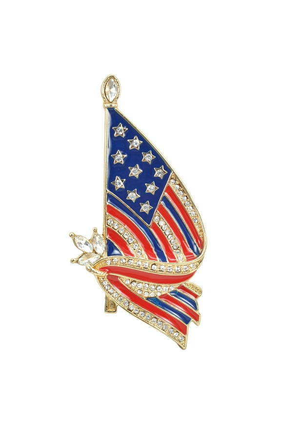 Golden Tone Crystal American Flag Brooch Pin USA Patriotic Jewelry