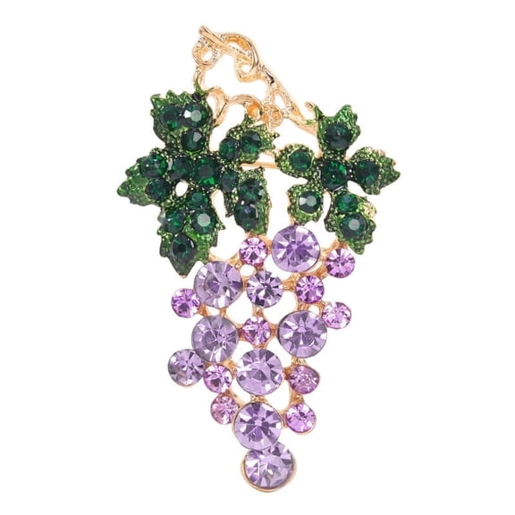 Gold Tone Green Rhinestone Enamel Leaf Crystal Grapes Bunch Brooch Pin (Purple)
