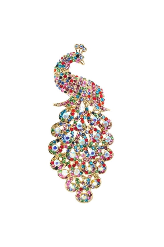 Gyn Joy Peacock Multicolor, Austrian Crystal Rhinestone Art Gorgeous Pins and Brooches, Gold-Tone, 5 Inch